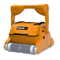 Dolphin Wave 100 robotic pool cleaner in orange with grey scrubbing brushes, carry handle, and tank treads