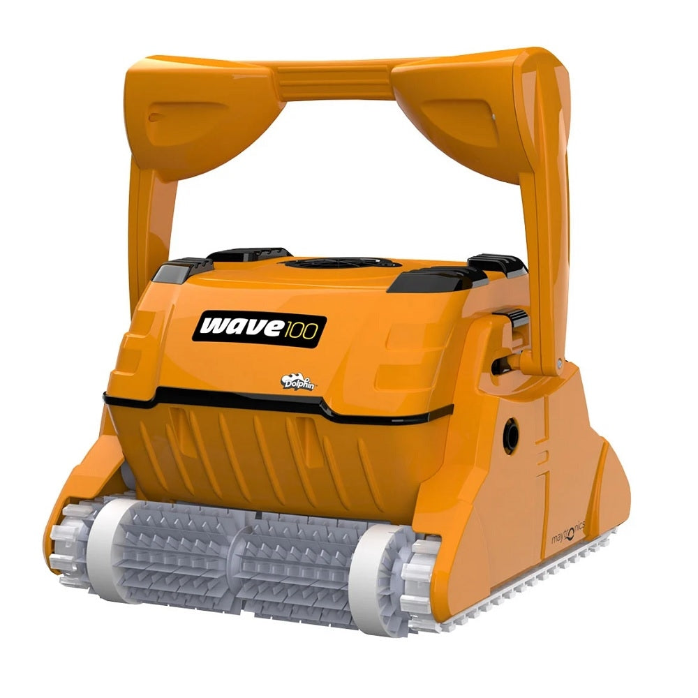 Dolphin Wave 100 robotic pool cleaner in orange with grey scrubbing brushes, carry handle, and tank treads