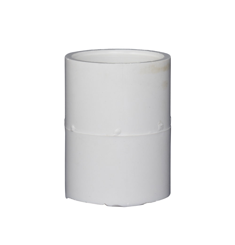 White PVC 32mm straight coupling connector with hollow cylindrical body and central ribbed seam