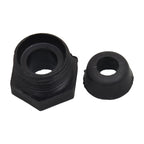 Black plastic light gland nut with external threading and domed rubber seal washer, electrical fitting components on white background