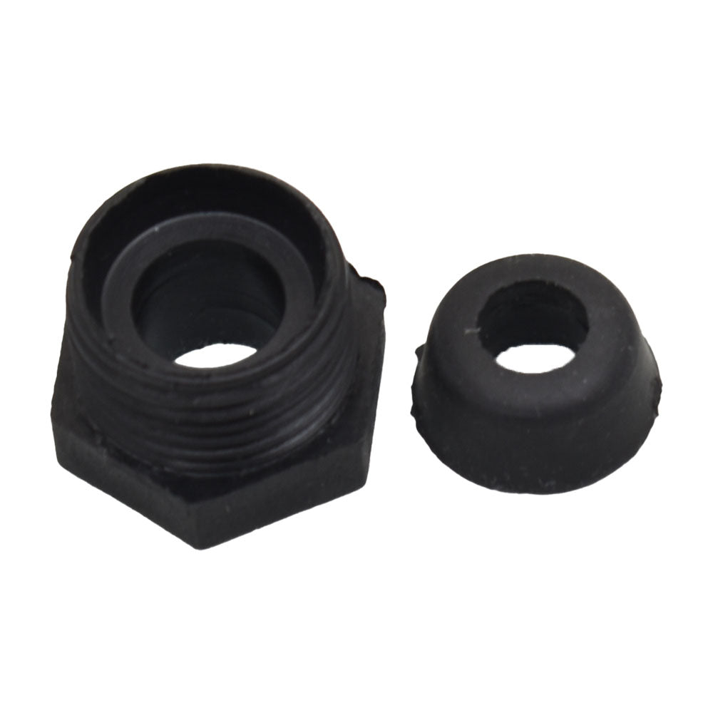 Black plastic light gland nut with external threading and domed rubber seal washer, electrical fitting components on white background