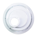 White round pool bottom drain cover with central circular opening, stepped plastic construction and outer flanged rim