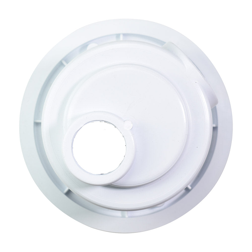 White round pool bottom drain cover with central circular opening, stepped plastic construction and outer flanged rim