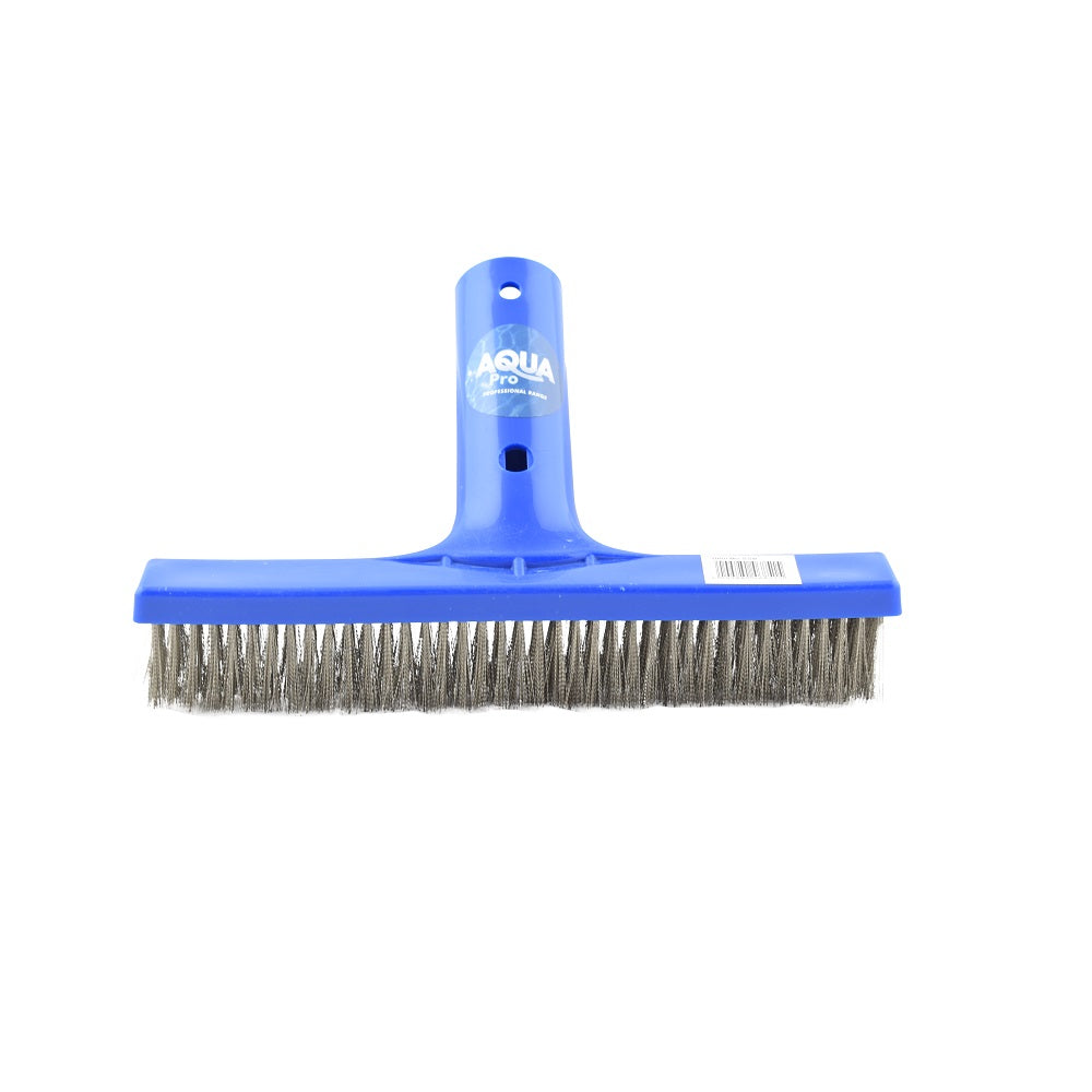Aqua Pro stainless steel pool brush with blue plastic handle and wide wire bristle head, 250mm