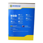 Zodiac Cyclonic Leaf Catcher back of box, blue and yellow cardboard packaging with multilingual instructions