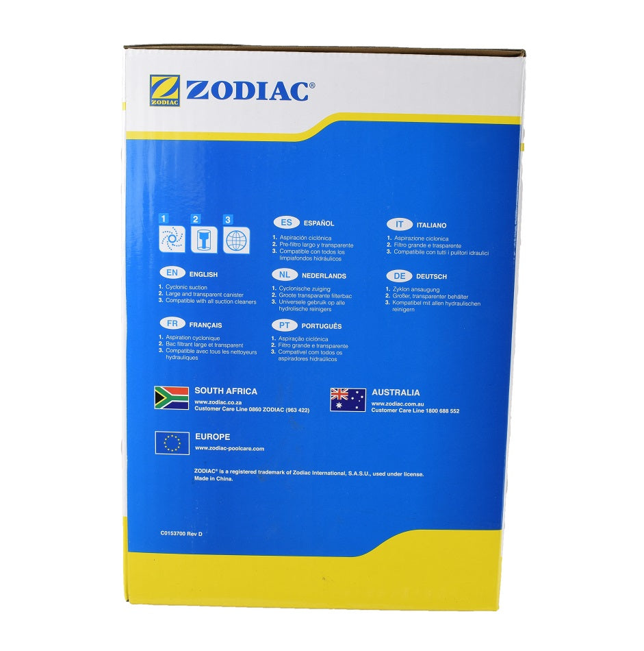 Zodiac Cyclonic Leaf Catcher back of box, blue and yellow cardboard packaging with multilingual instructions