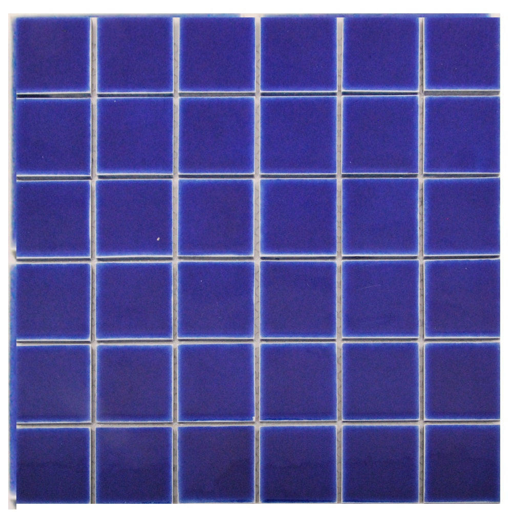 Ceramic mosaic tile sheet with cobalt blue glazed square tiles and grey grout lines in a uniform grid pattern