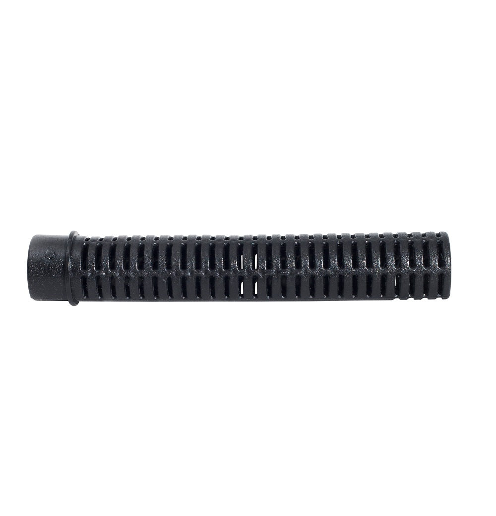 Black cylindrical koi pond filter finger with slotted ventilation ribs along full length and ribbed end collar