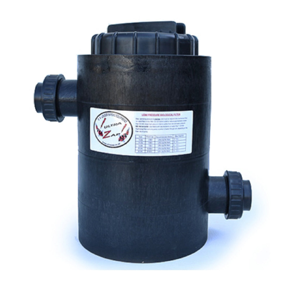 Black cylindrical Ultra Zap 15-litre pressure biological pond filter with two threaded inlet/outlet ports and ribbed lid