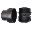Black plastic Speck 50mm Union fitting showing threaded male connector and ribbed cap on white background