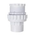 White PVC pool fitting union connector with threaded male end, ribbed locking collar and slip socket base on white background