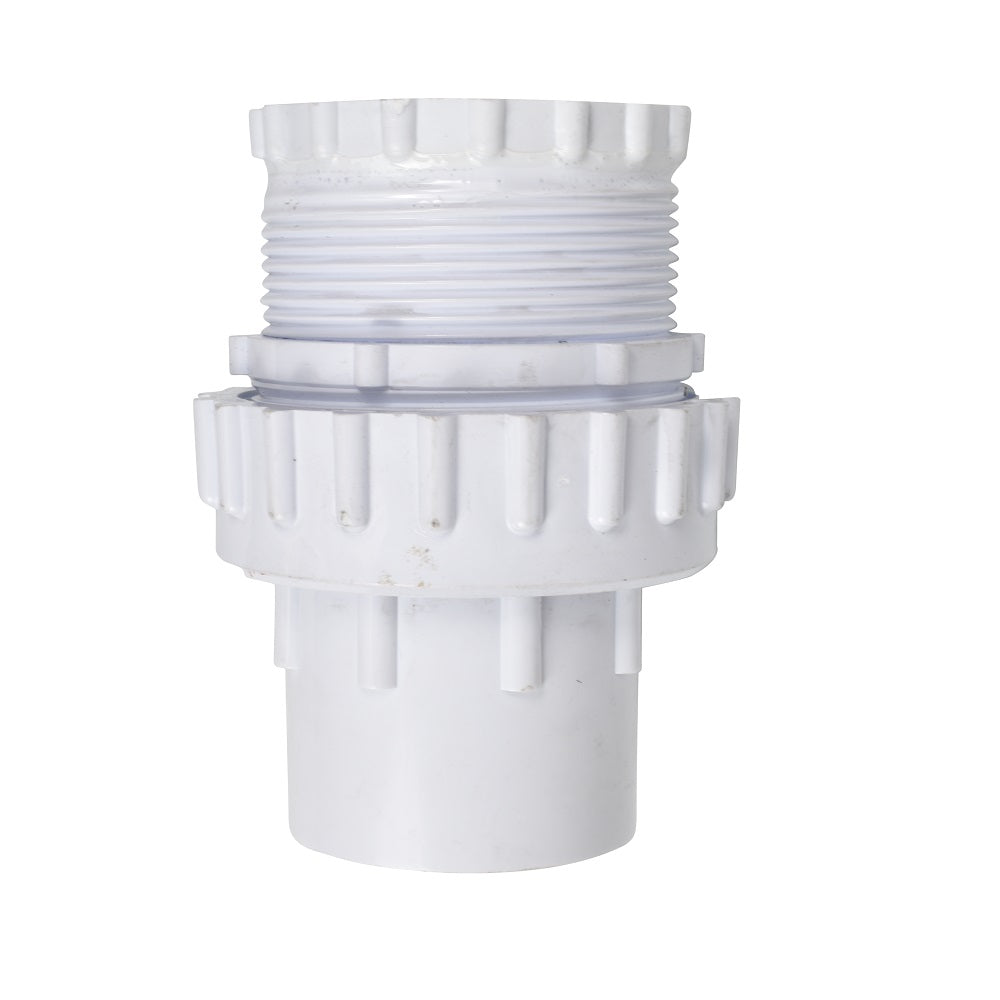 White PVC pool fitting union connector with threaded male end, ribbed locking collar and slip socket base on white background