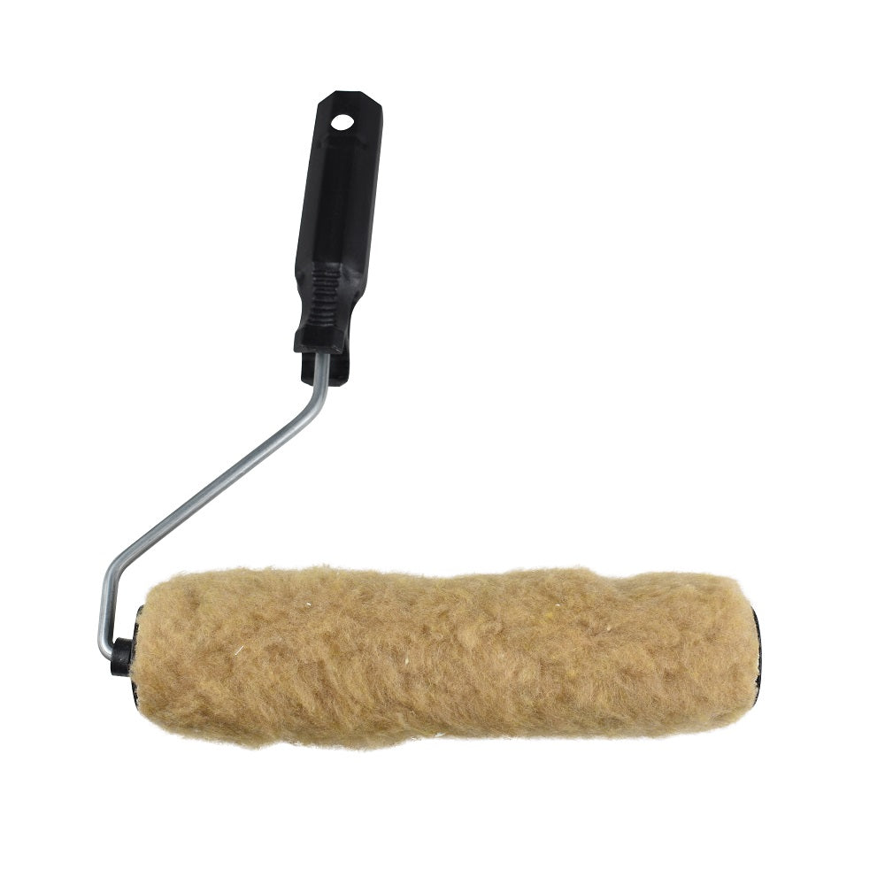 Paint roller with natural sheepskin cover on metal frame and black plastic handle, 230mm wide, beige fluffy pile