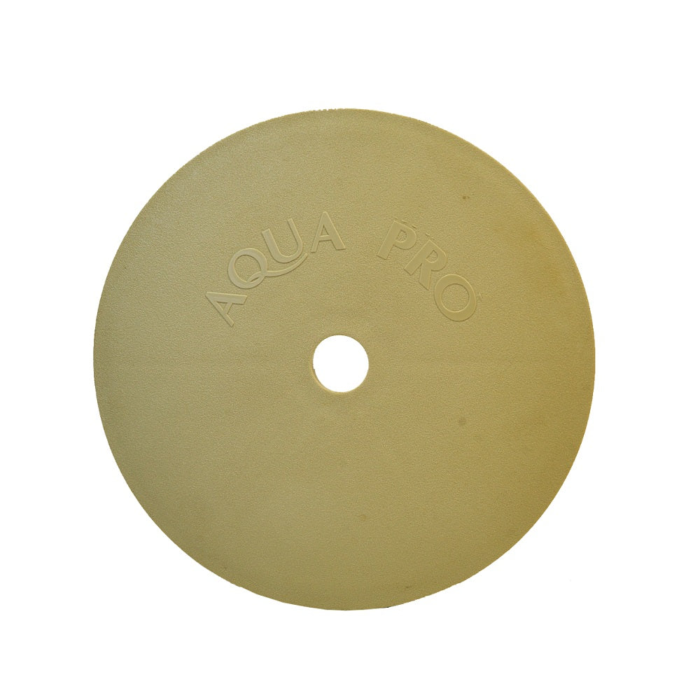 Aqua Pro weir deck lid in beige, round flat plastic disc with central hole and embossed brand name
