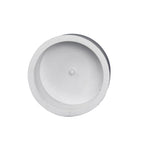 White PVC 50mm end cap fitting with recessed circular face and centre nub, top-down view
