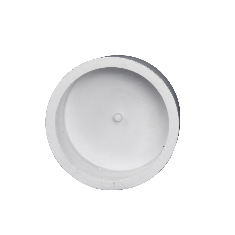 White PVC 50mm end cap fitting with recessed circular face and centre nub, top-down view