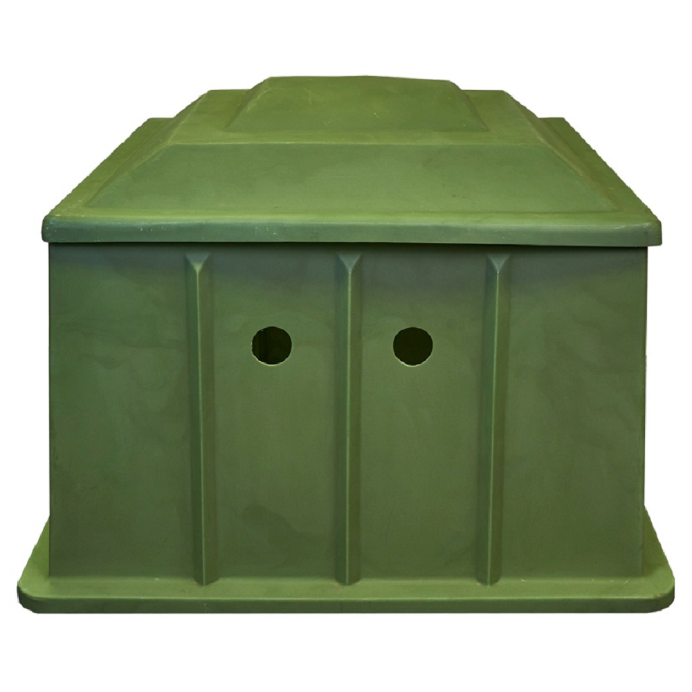 Green polyethylene pump box enclosure 1.2m x 1.2m x 700mm with fitted lid, ribbed sides and two circular pipe entry holes
