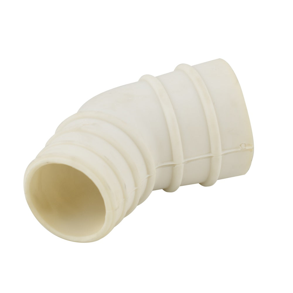 White plastic 45-degree elbow hose adapter with ribbed exterior and hollow open ends for pool cleaner connections