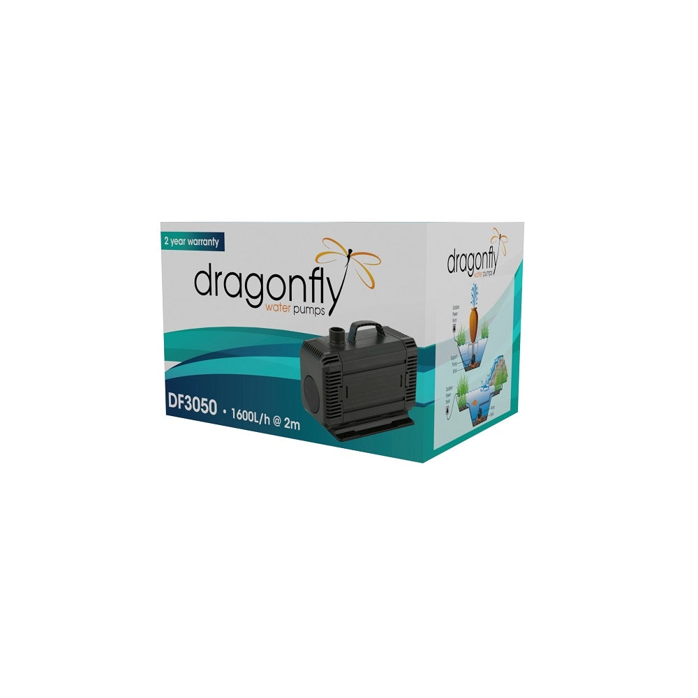 Dragonfly DF3050 submersible water pump retail box showing black pump unit, teal wave design, 1600L/h flow rate and 2-year warranty label