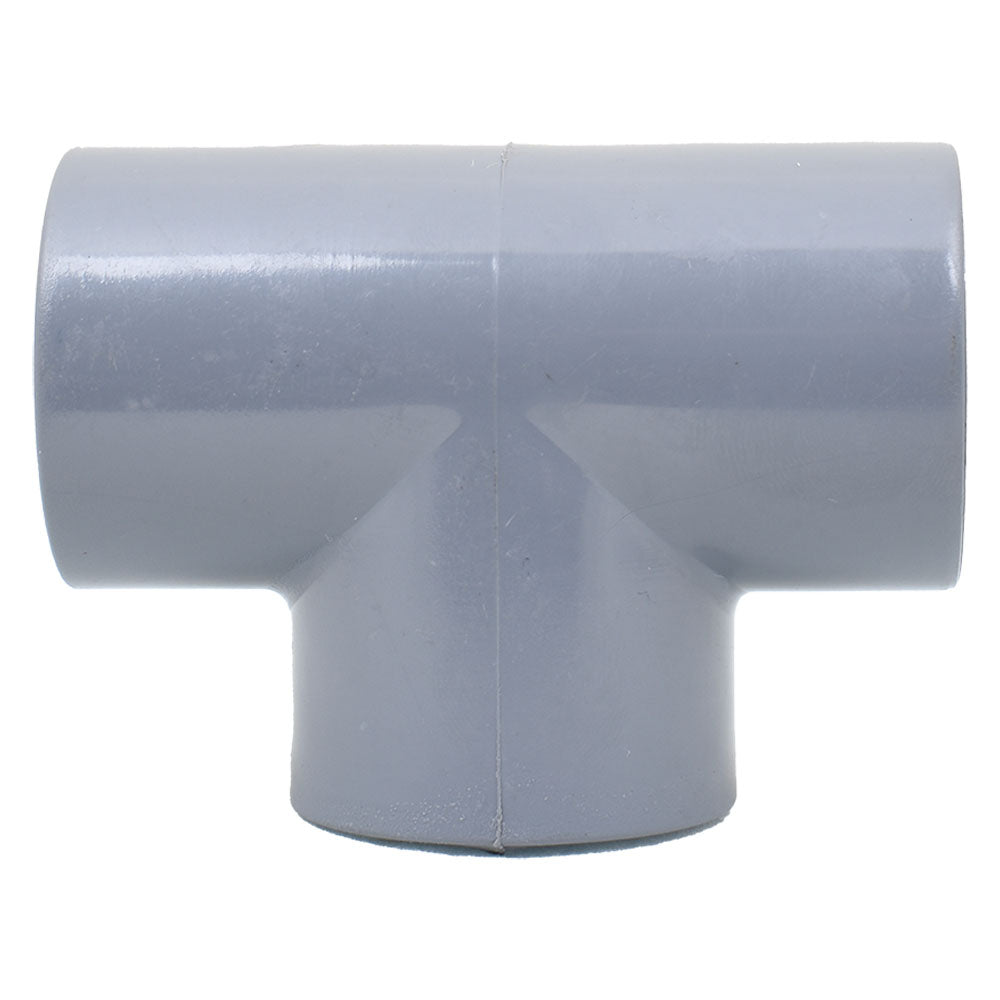 Grey PVC T-piece pipe fitting with three equal socket openings and smooth finish, 32mm diameter