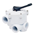 White plastic multiport valve with black lever handle, multiple threaded ports, and stainless steel bolts for pool filter systems