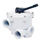 White plastic multiport valve with black lever handle, multiple threaded ports, and stainless steel bolts for pool filter systems