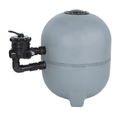 Grey spherical Speck Jumbo 7 Bag Filter with black side-mount multiport valve and pipe fittings, on white background