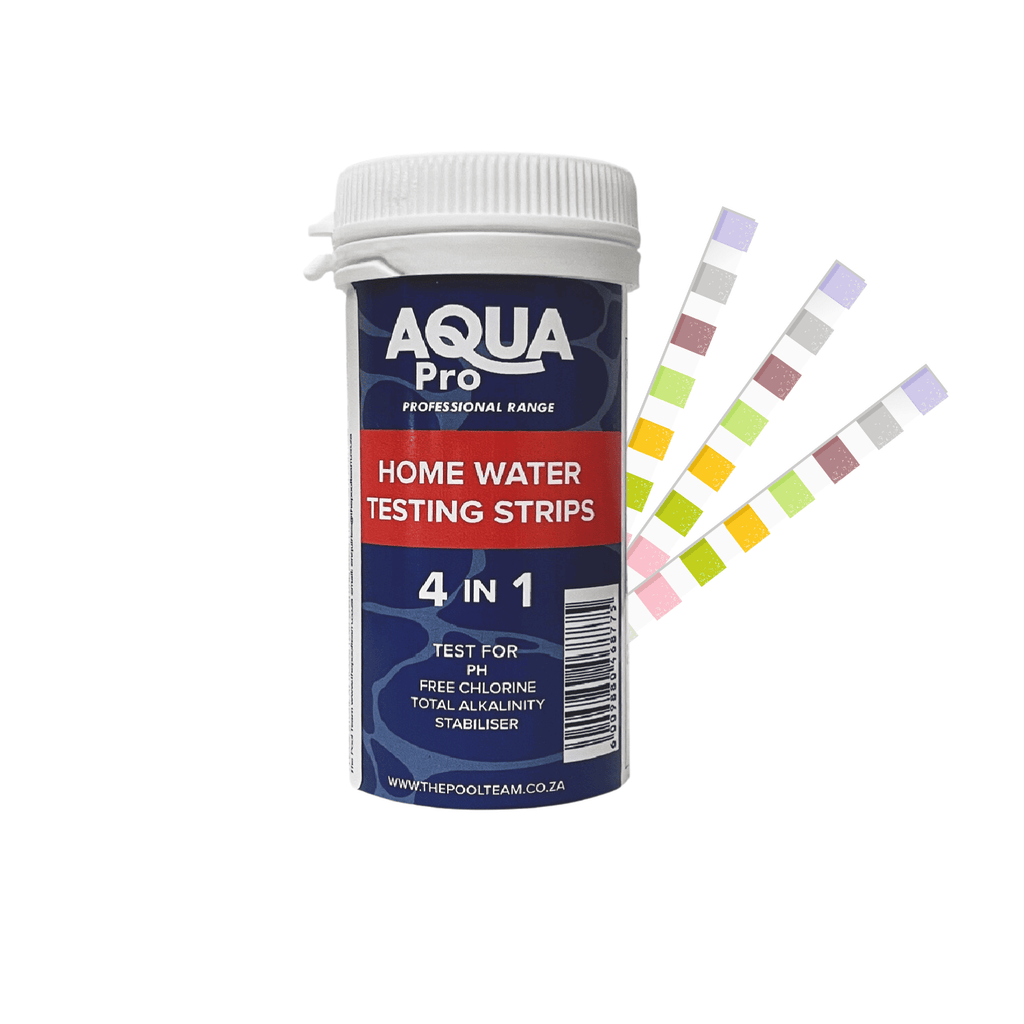 Aqua Pro 4-in-1 home water testing strips in white plastic tub with navy label, fanned multicolour test strips displayed alongside