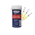 Aqua Pro 4-in-1 home water testing strips in white plastic tub with navy label, fanned multicolour test strips displayed alongside