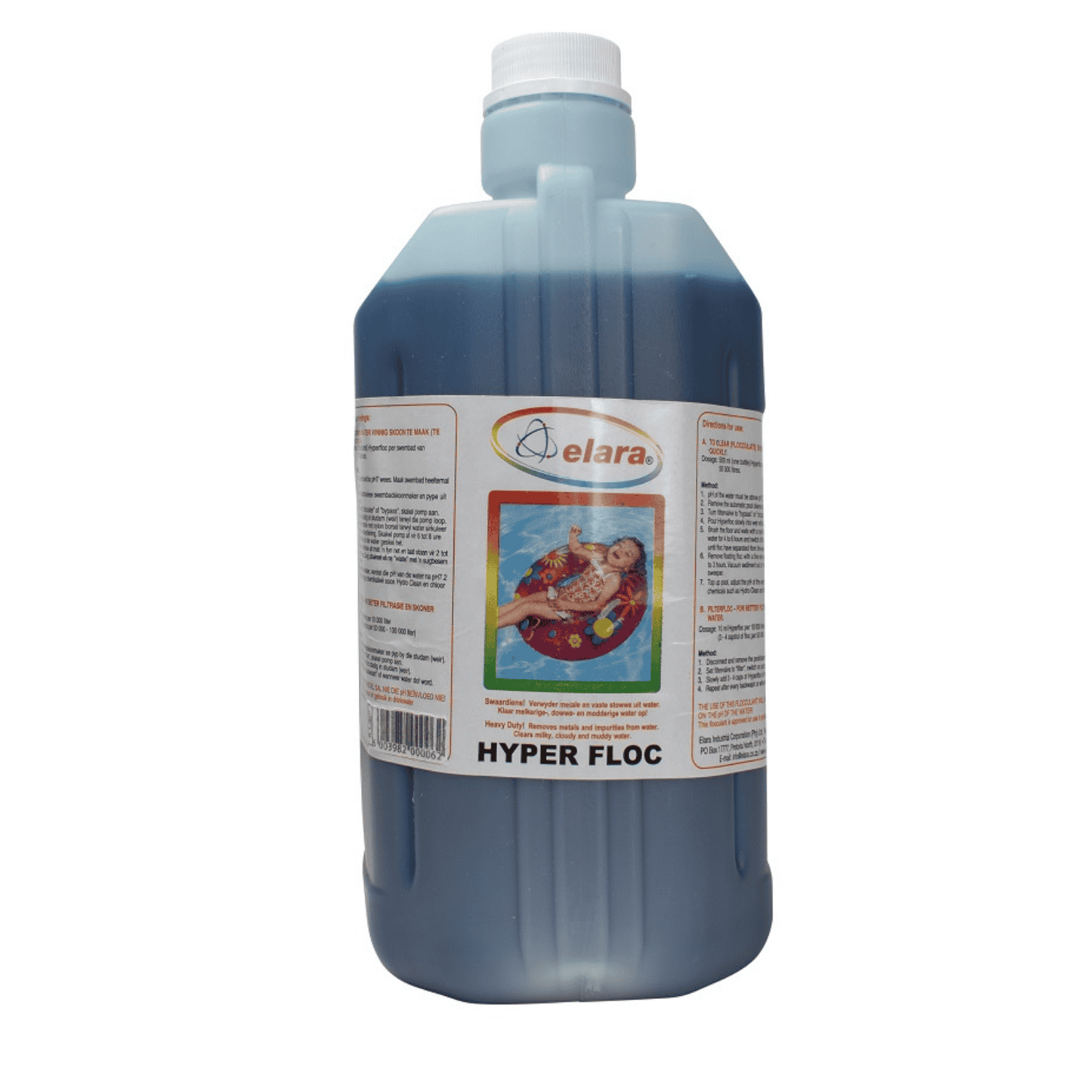 Elara Hyper Floc pool flocculant liquid in dark blue 5-litre plastic bottle with white cap and illustrated label