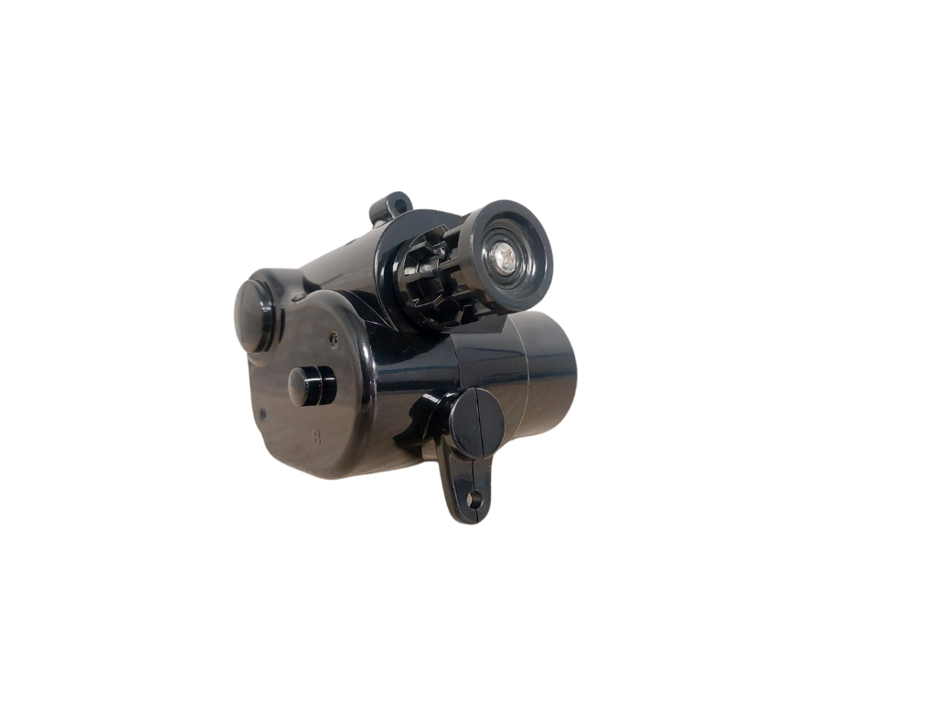 Zodiac AX20 Gearbox Side B in gloss black plastic with cylindrical chambers and mounting bracket, isolated on white