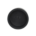 Black PVC 50mm end cap fitting with circular recessed centre, matte finish, viewed from above
