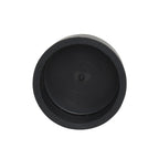 Black PVC 50mm end cap fitting with circular recessed centre, matte finish, viewed from above