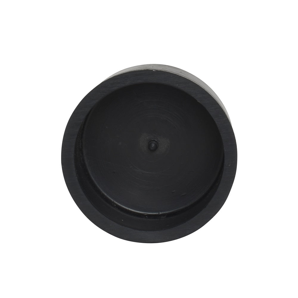 Black PVC 50mm end cap fitting with circular recessed centre, matte finish, viewed from above