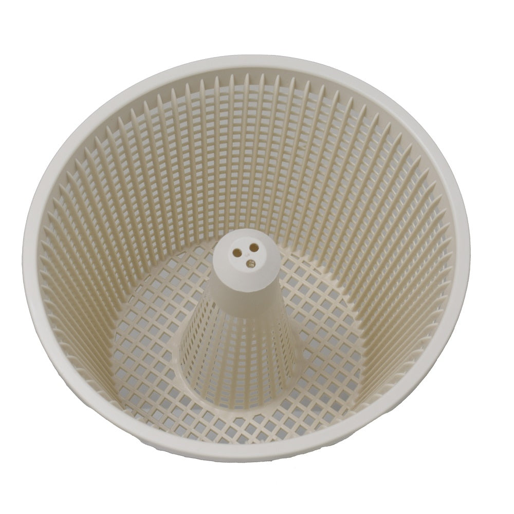 White plastic Speck weir basket with perforated mesh walls, radial ribbing and central stem with drainage holes, viewed from above