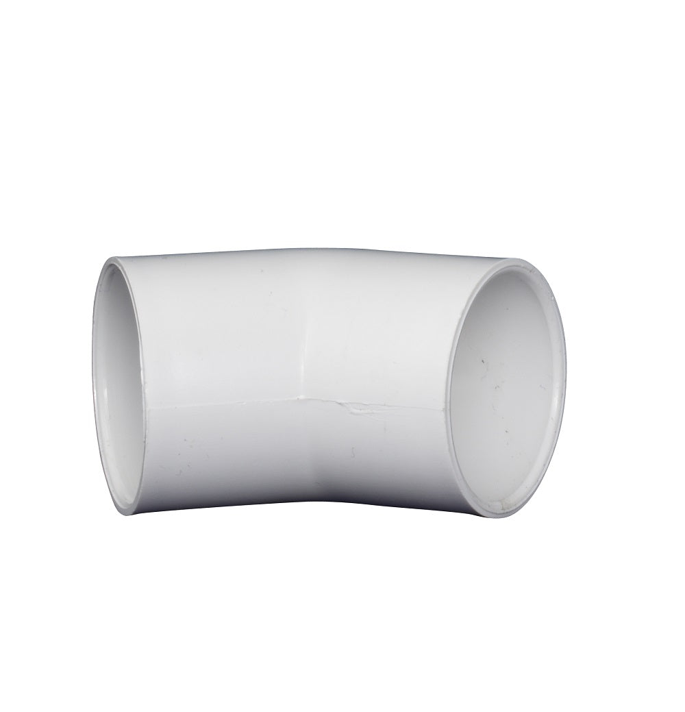 White PVC 45-degree elbow pipe fitting with two open socket ends, 32mm diameter, smooth curved bend