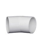 White PVC 45-degree elbow pipe fitting with two open socket ends, 32mm diameter, smooth curved bend