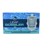 IPP Leaf Gobbler inline pool leaf catcher in blue retail packaging with clear polycarbonate basket filter visible on box