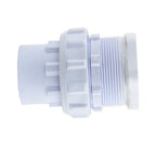 White plastic Poolskim Union EartheCo fitting with ridged collar and external threading, isolated on white background