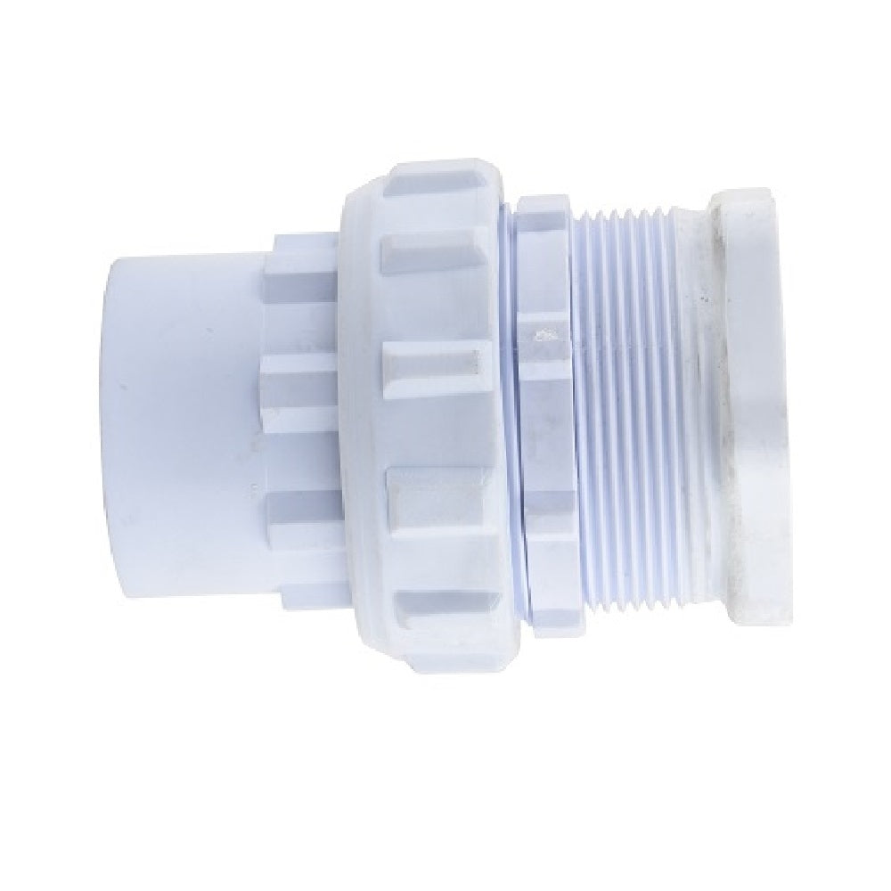 White plastic Poolskim Union EartheCo fitting with ridged collar and external threading, isolated on white background