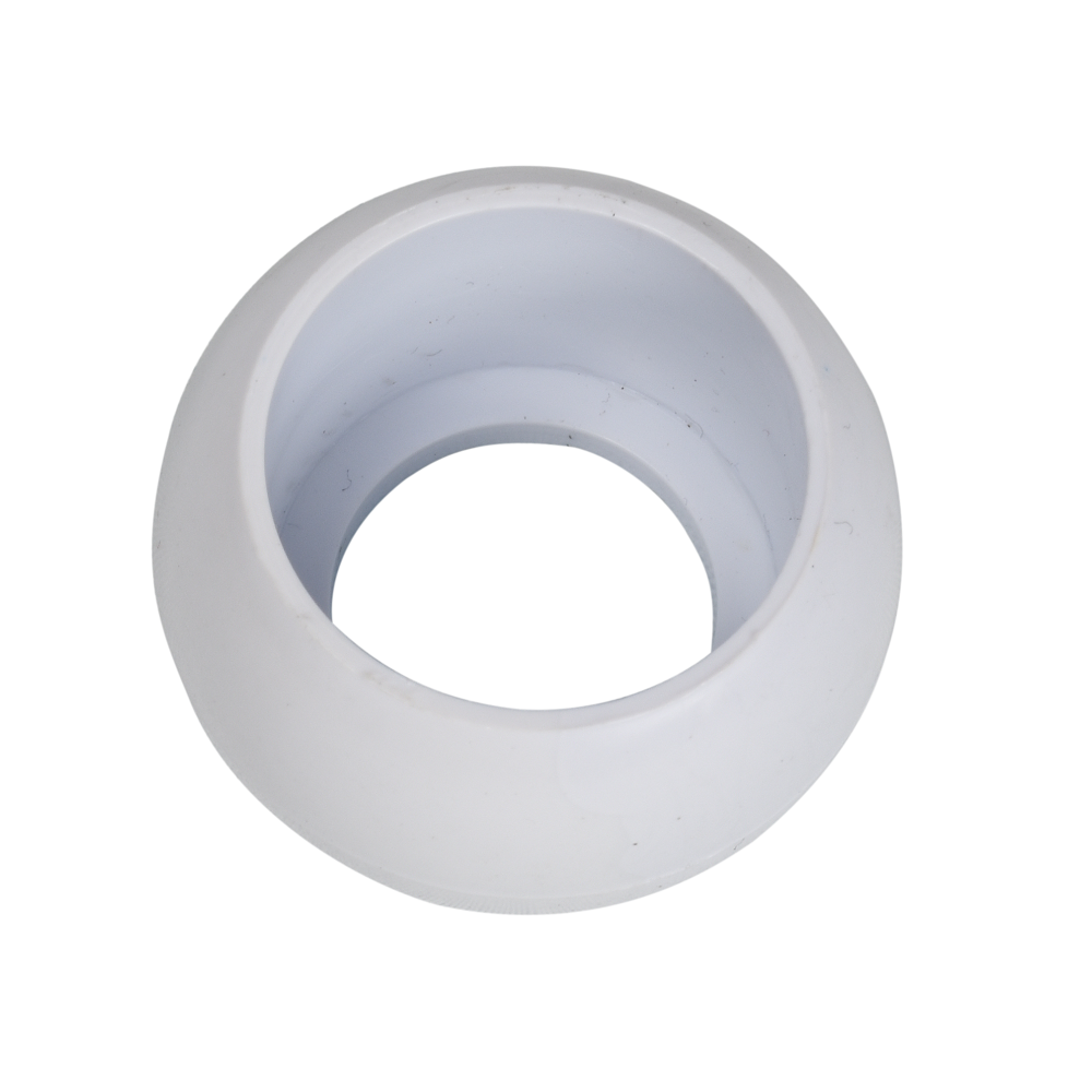White plastic Aimflow ball fitting with hollow centre, smooth rounded dome shape, compatible with EartheCo and Quality systems
