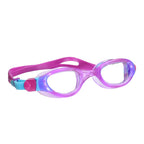 Zoggs Phantom Junior swim goggles in purple and pink with clear lenses and blue strap buckle, on white background
