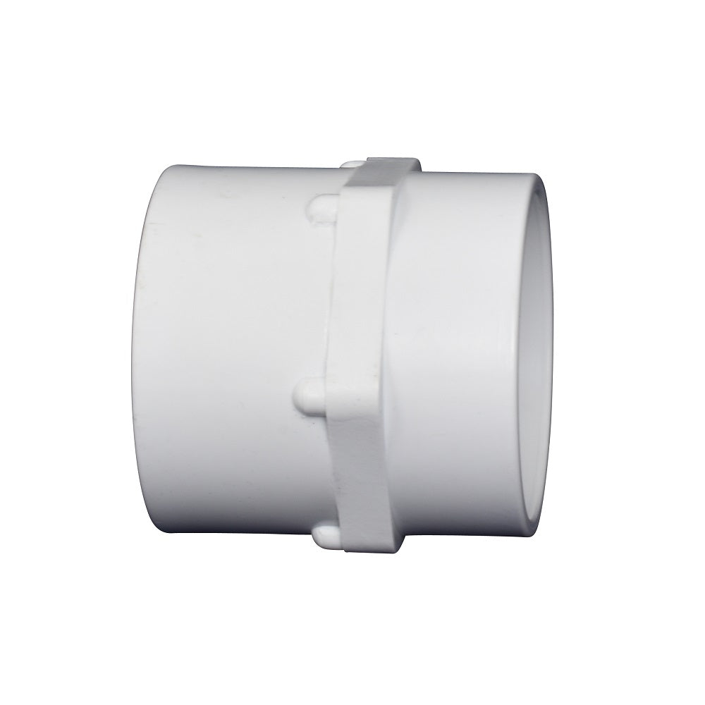 White PVC female tank adaptor fitting with central flange band and dual lug tabs for secure pipe connection