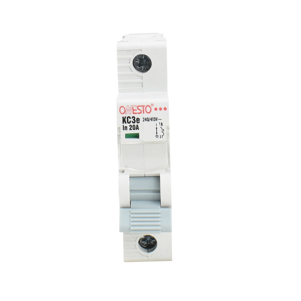 Onesto KC3e single-pole miniature circuit breaker 20A 240/415V white DIN rail MCB with green indicator window
