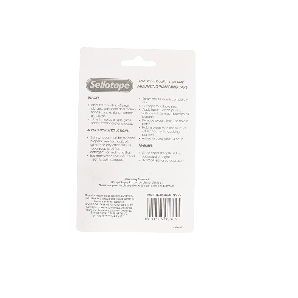 Back of Sellotape light-duty mounting/hanging tape packaging showing usage instructions, application guide, and barcode on white card blister pack