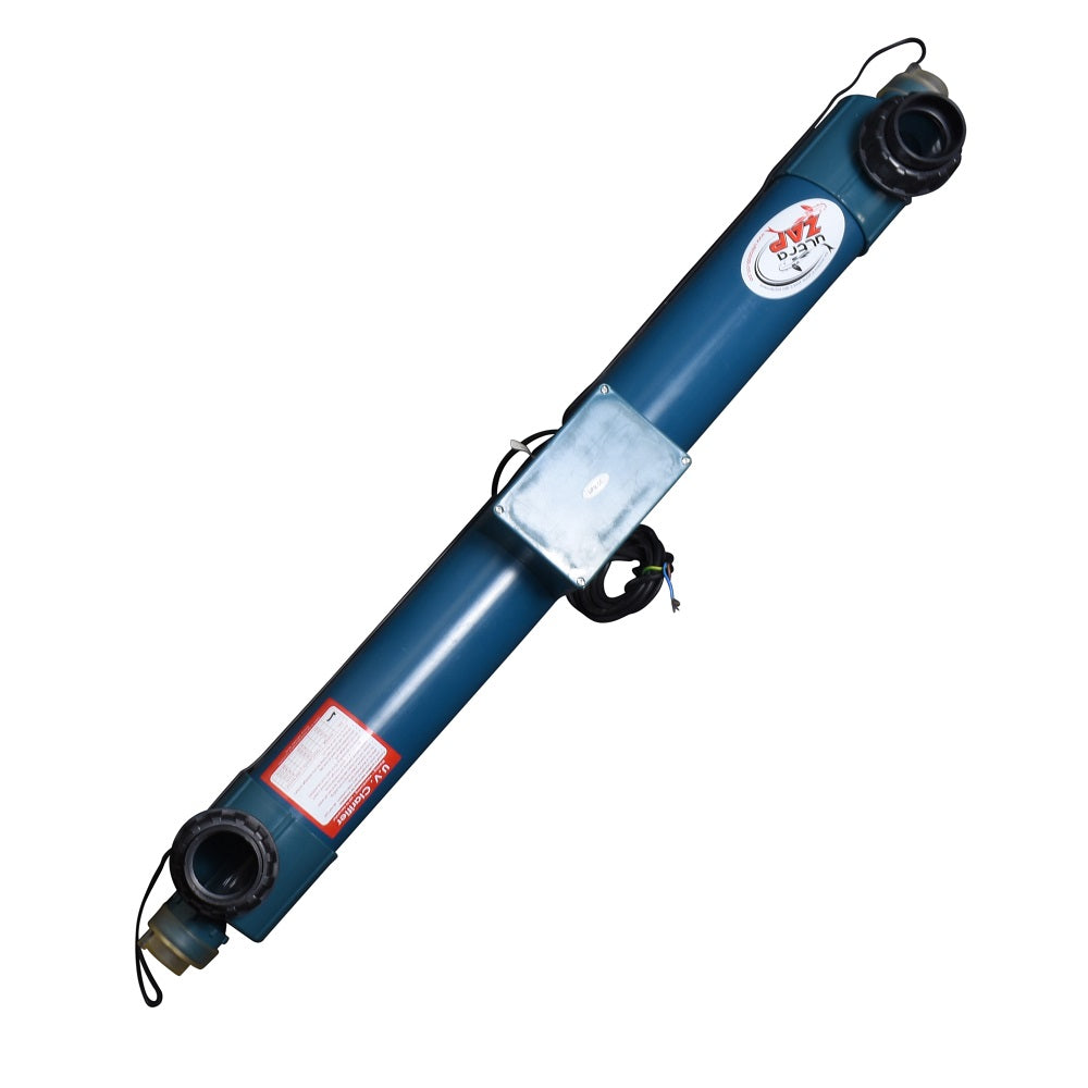 Blue cylindrical UV clarifier with black inlet ports, metal junction box, power cable, and Ultra Zap branding label, 30W pond filter unit