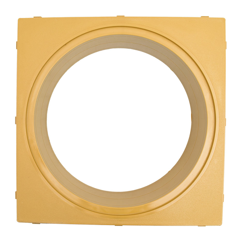 Yellow plastic Swimquip deck collar with large circular opening and square mounting flange with side clips