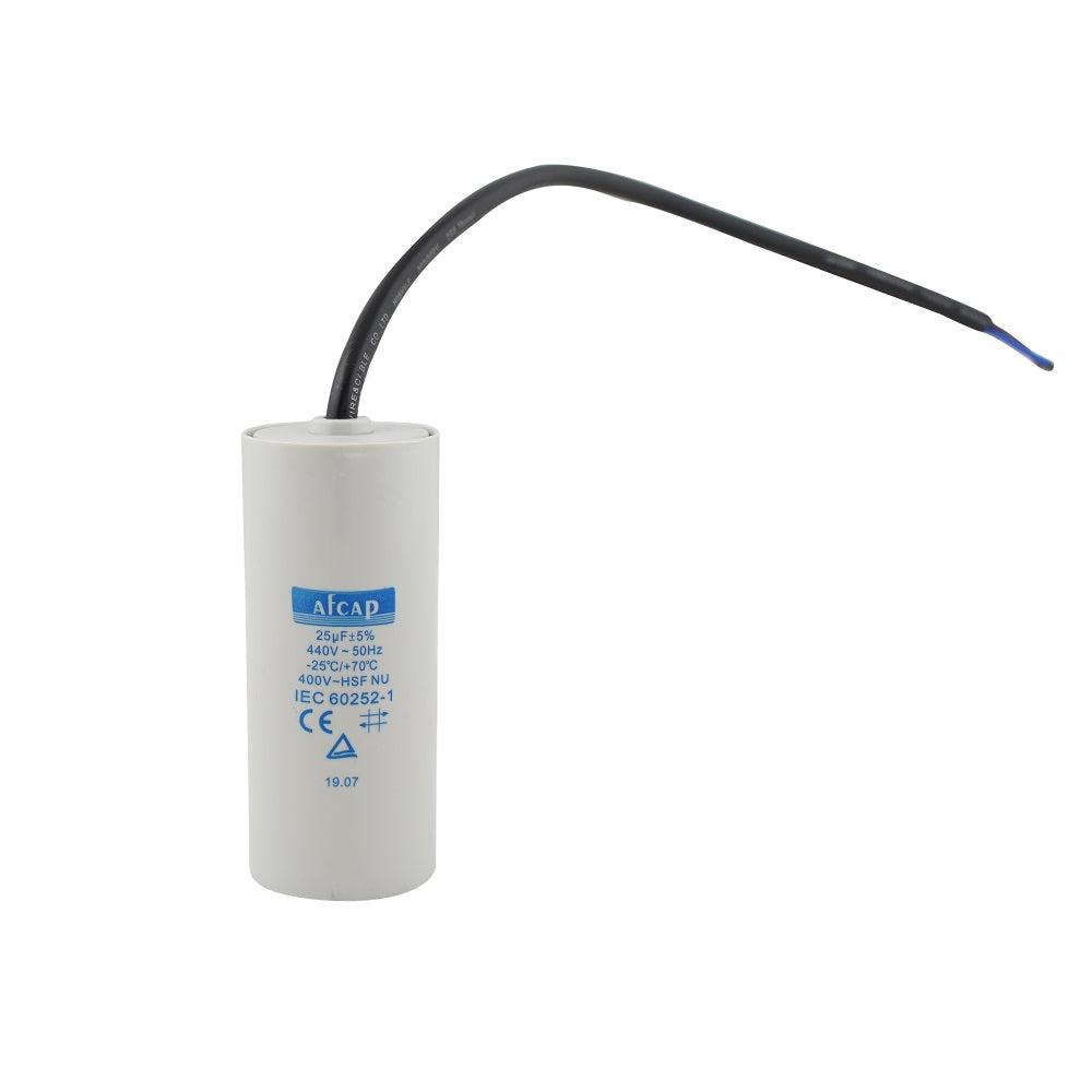 Afcap 25µF 440V motor run capacitor white cylindrical body with black lead wire IEC 60252-1 rated