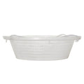 White plastic weir skimmer basket with woven lattice pattern, rope handles, and wide oval rim, 300mm