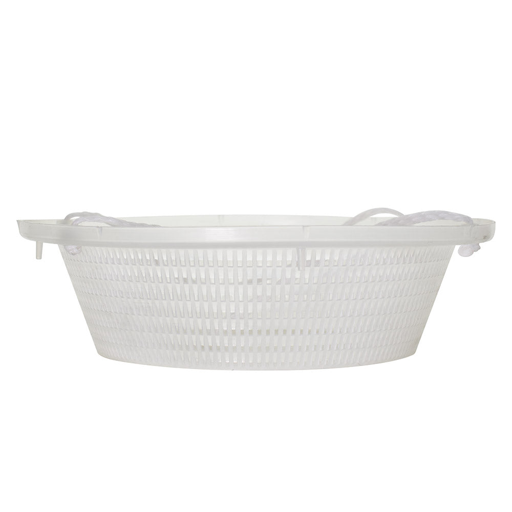 White plastic weir skimmer basket with woven lattice pattern, rope handles, and wide oval rim, 300mm